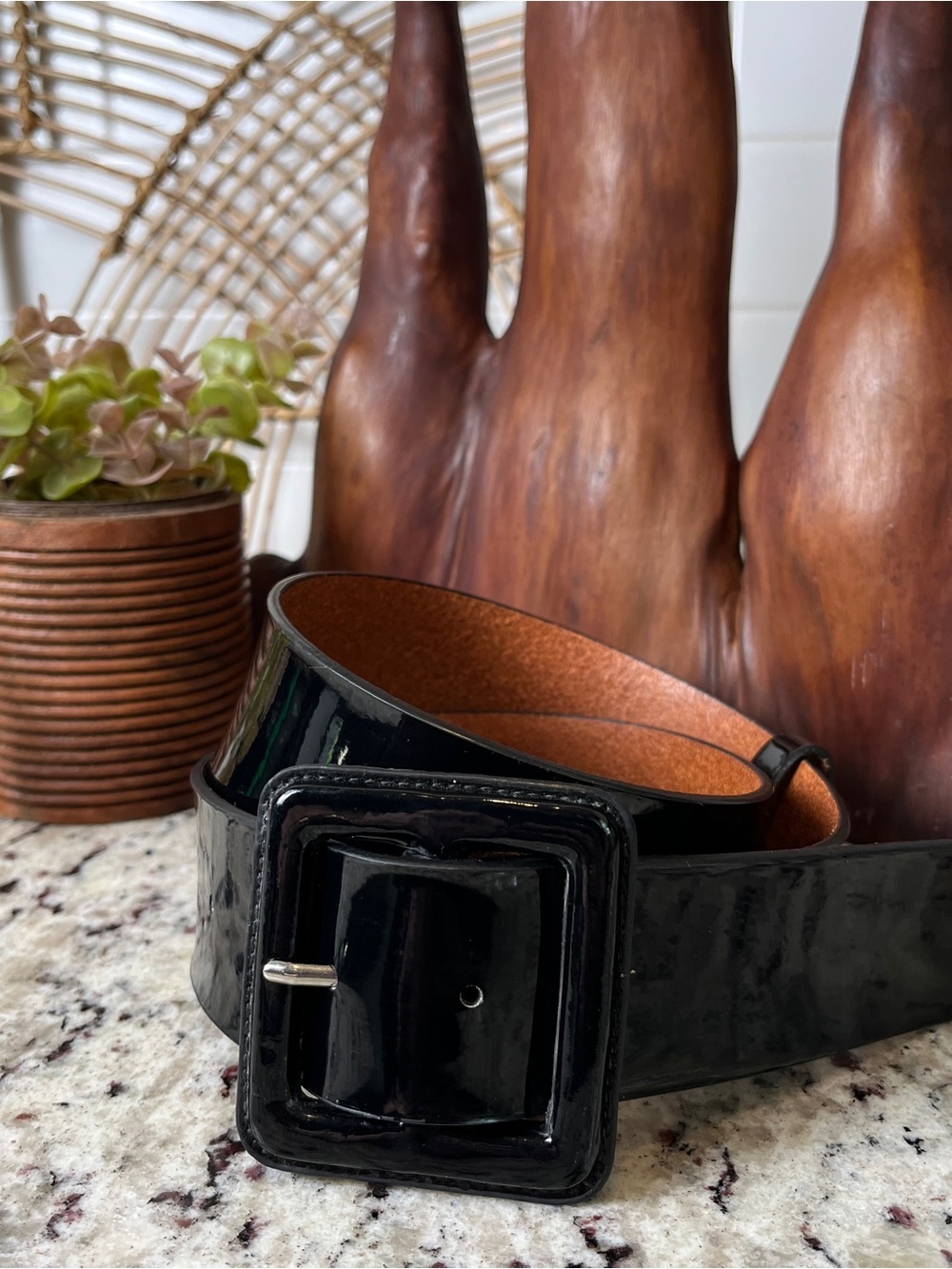 Vintage Patent Leather Wide Belt with Square Buckle